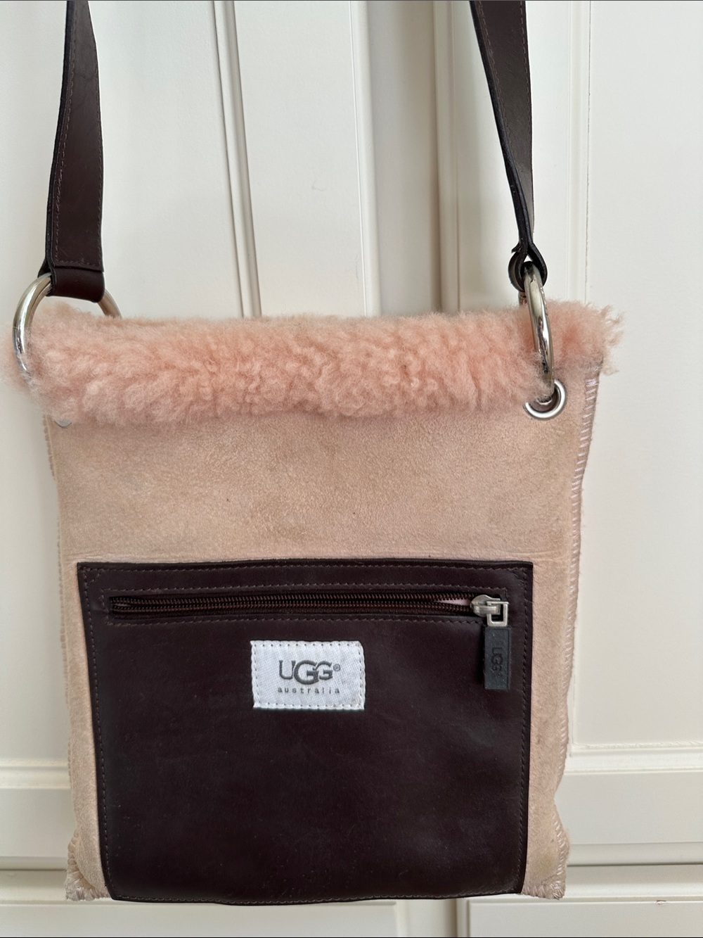 UGG Pink Suede and Shearling Crossbody with Dark Brown Leather Pocket
